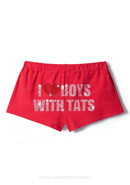 Rhinestone I Love Boys With Tats Y2K Drawstring Mini Shorts Cherrykitten