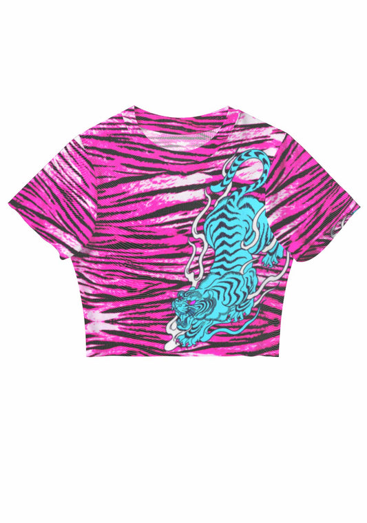 Blue Tiger Pink Zebra Stripe Y2K Mesh Crop Top Cherrykitten
