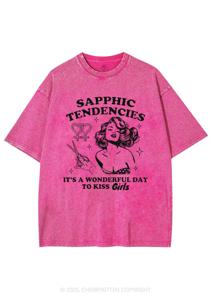 Sapphic Tendencies Kiss Girls Y2K Shirts Washed Tee Cherrykitten