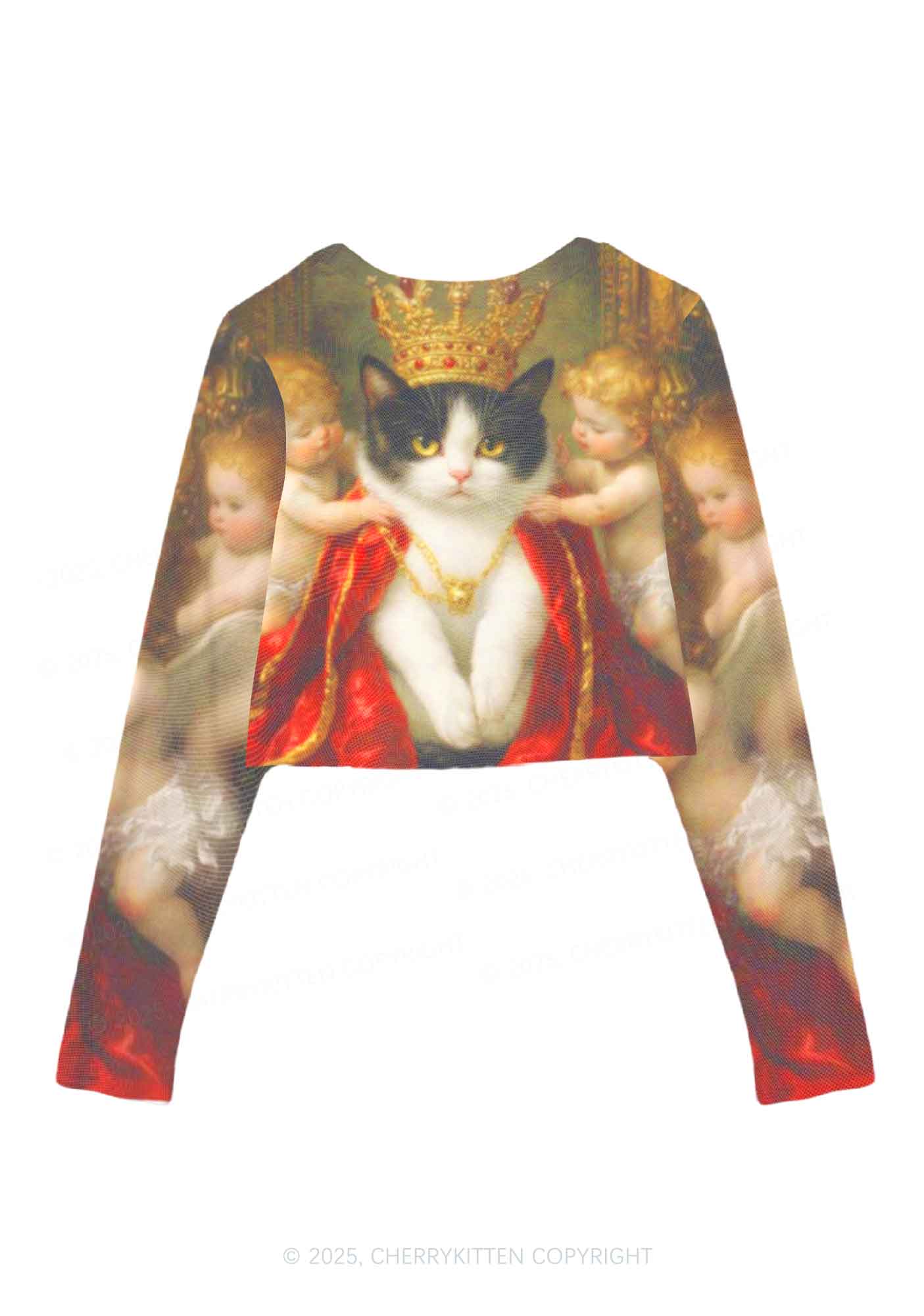 The Cat King And Angels Y2K Mesh Long Sleeve Crop Top Cherrykitten