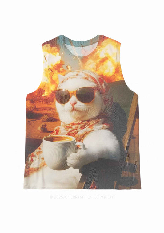 Cool Cat Enjoying Coffee Y2K Mesh Muscle Tank Cherrykitten