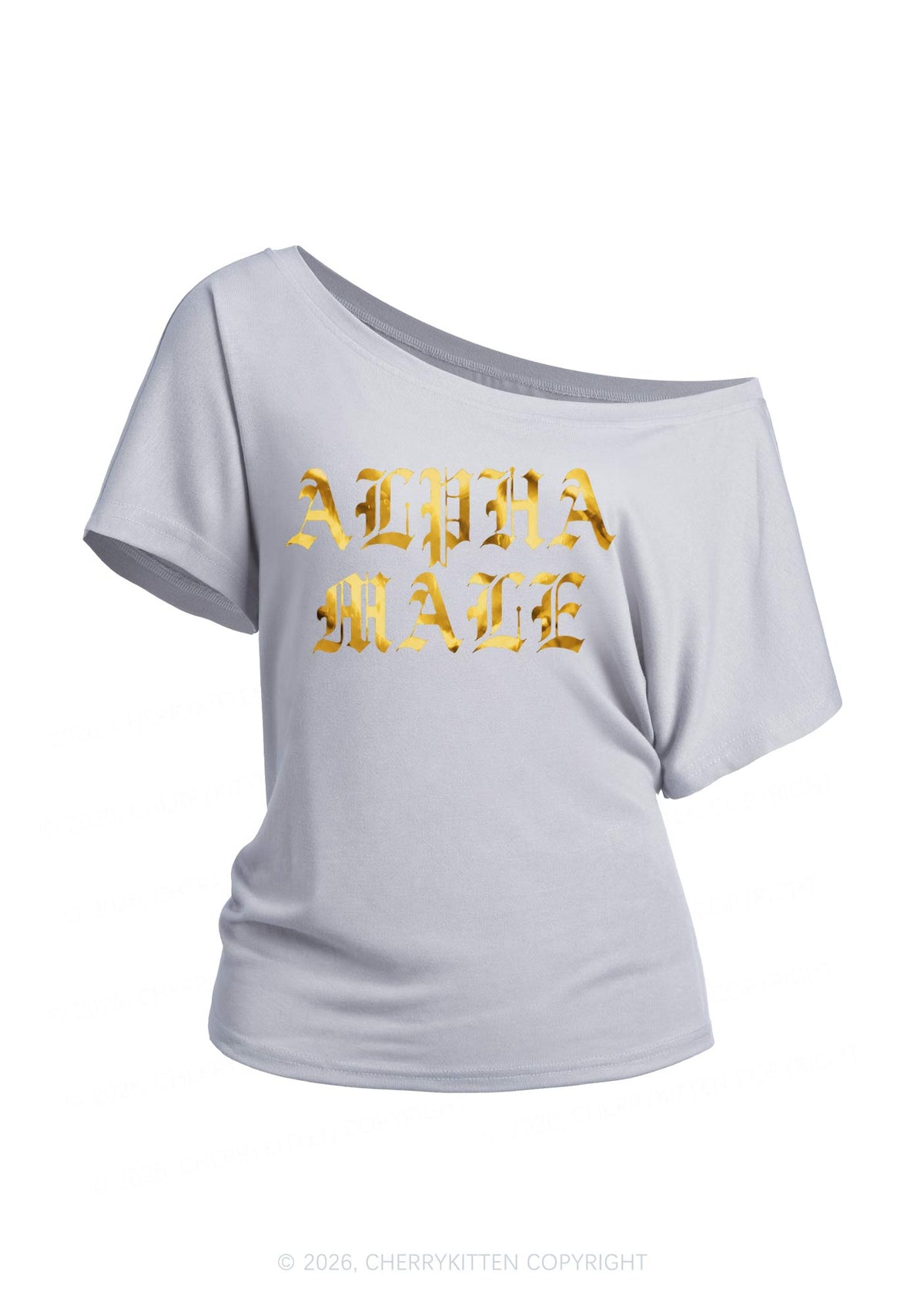 Alpha Male Silver Foil Printed Y2K Off Shoulder Tee Cherrykitten
