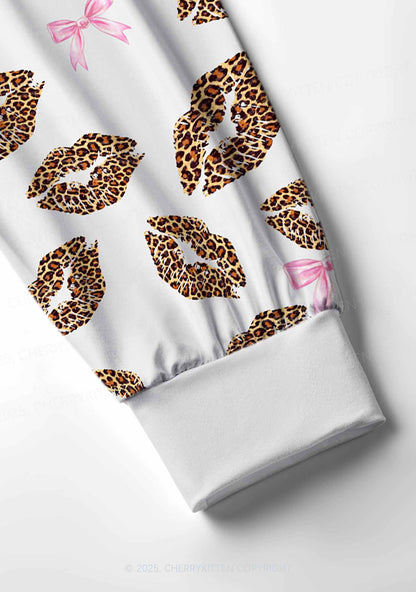 Leopard Lip Print Valentine's Day Y2K Print Long Sleeve Pajama Set Cherrykitten