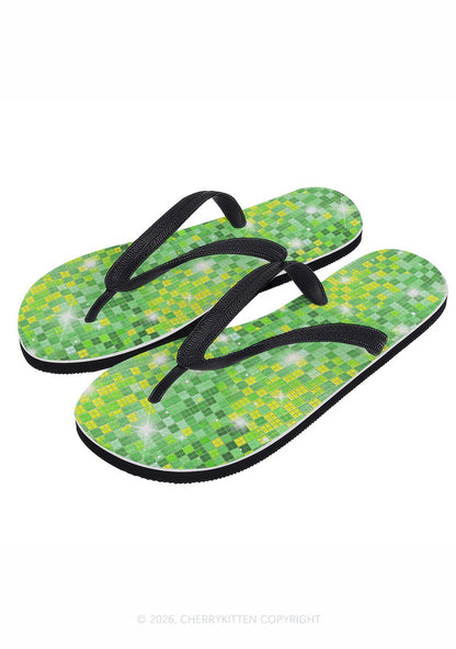Green Disco Ball Grid Y2K Print Flip Flops Cherrykitten
