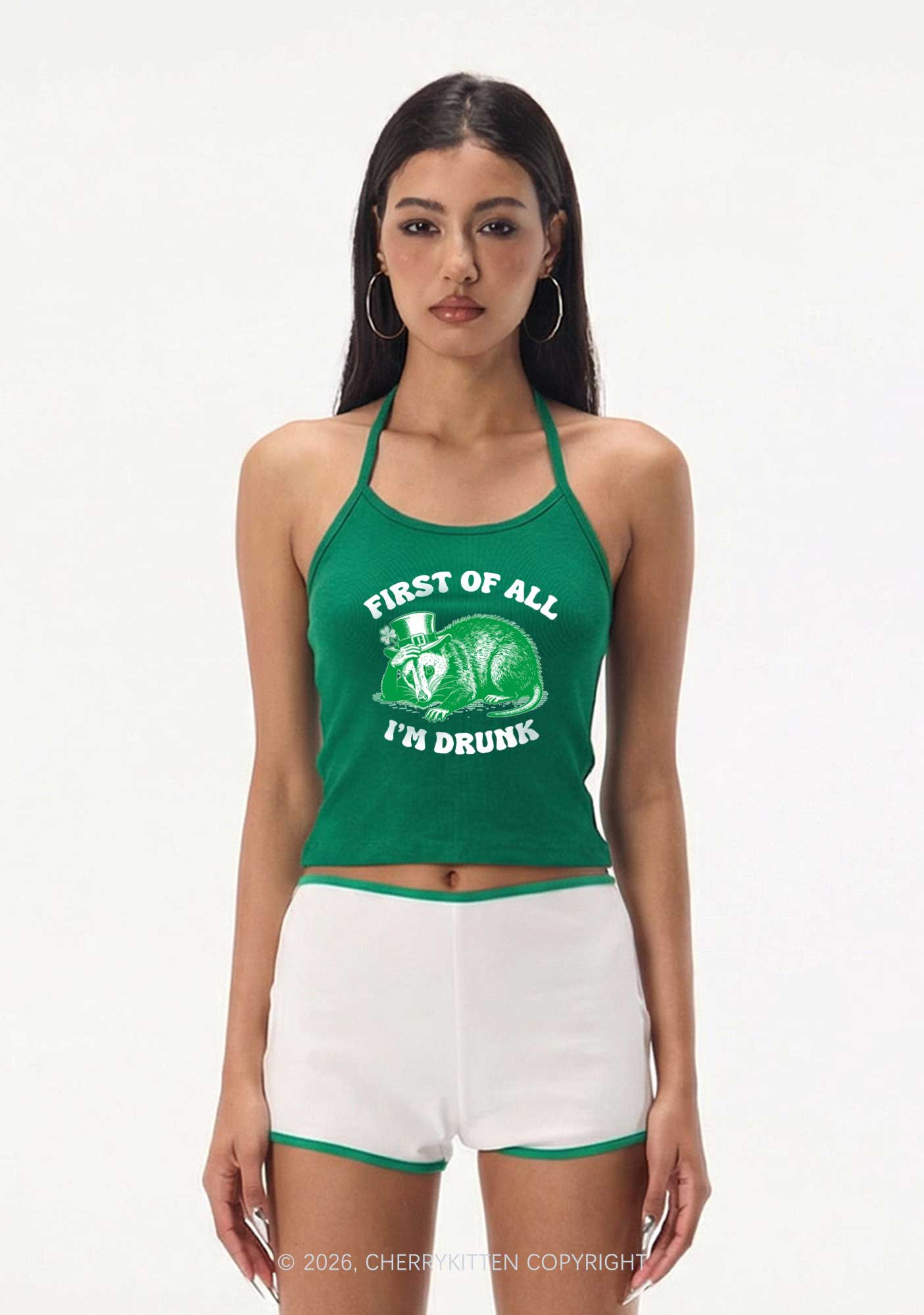 First Of All Im Drunk St Patricks Y2K Halter Neck Cami Cherrykitten