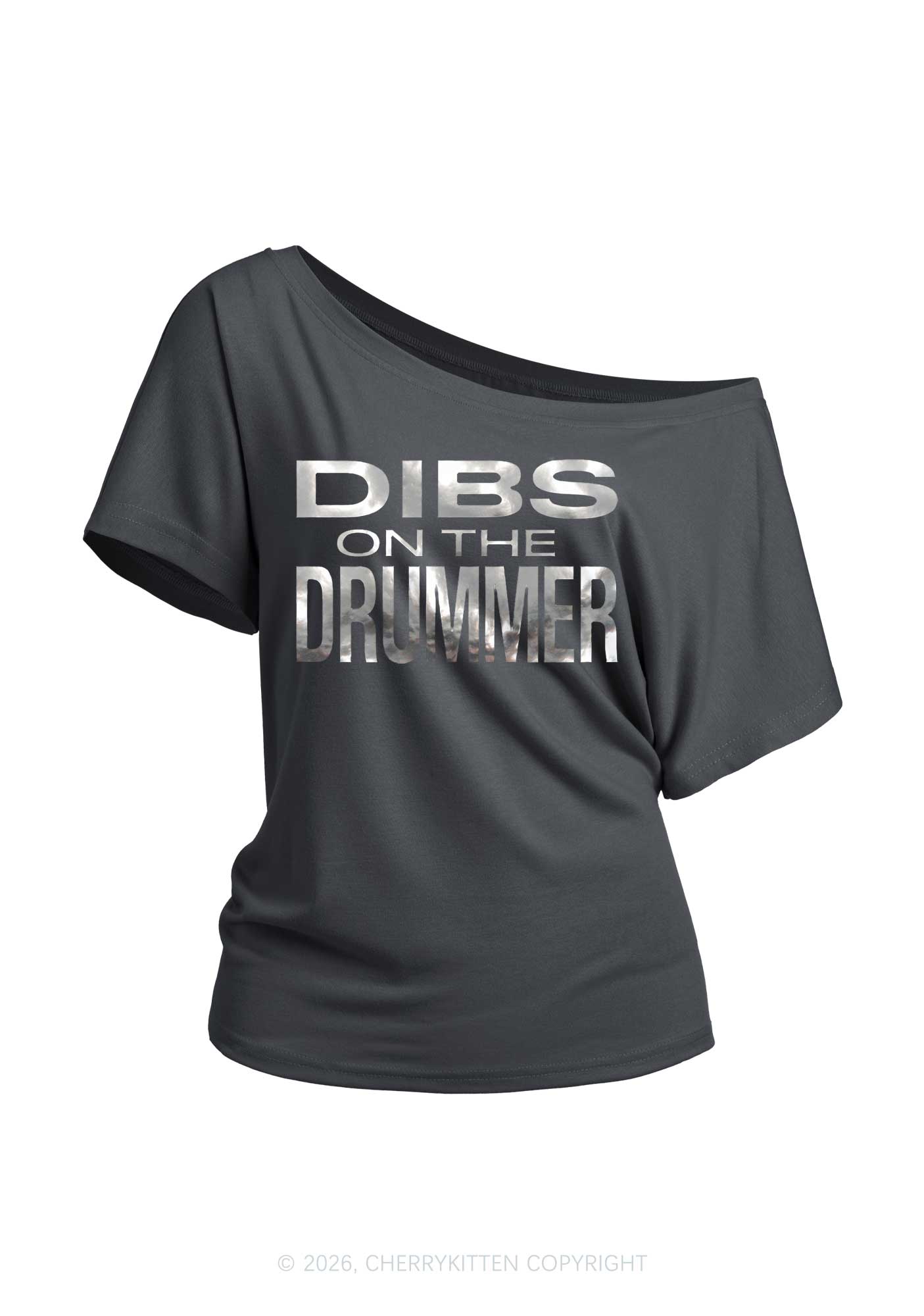 Dibs On The Drummer Silver Foil Printed Y2K Off Shoulder Tee Cherrykitten