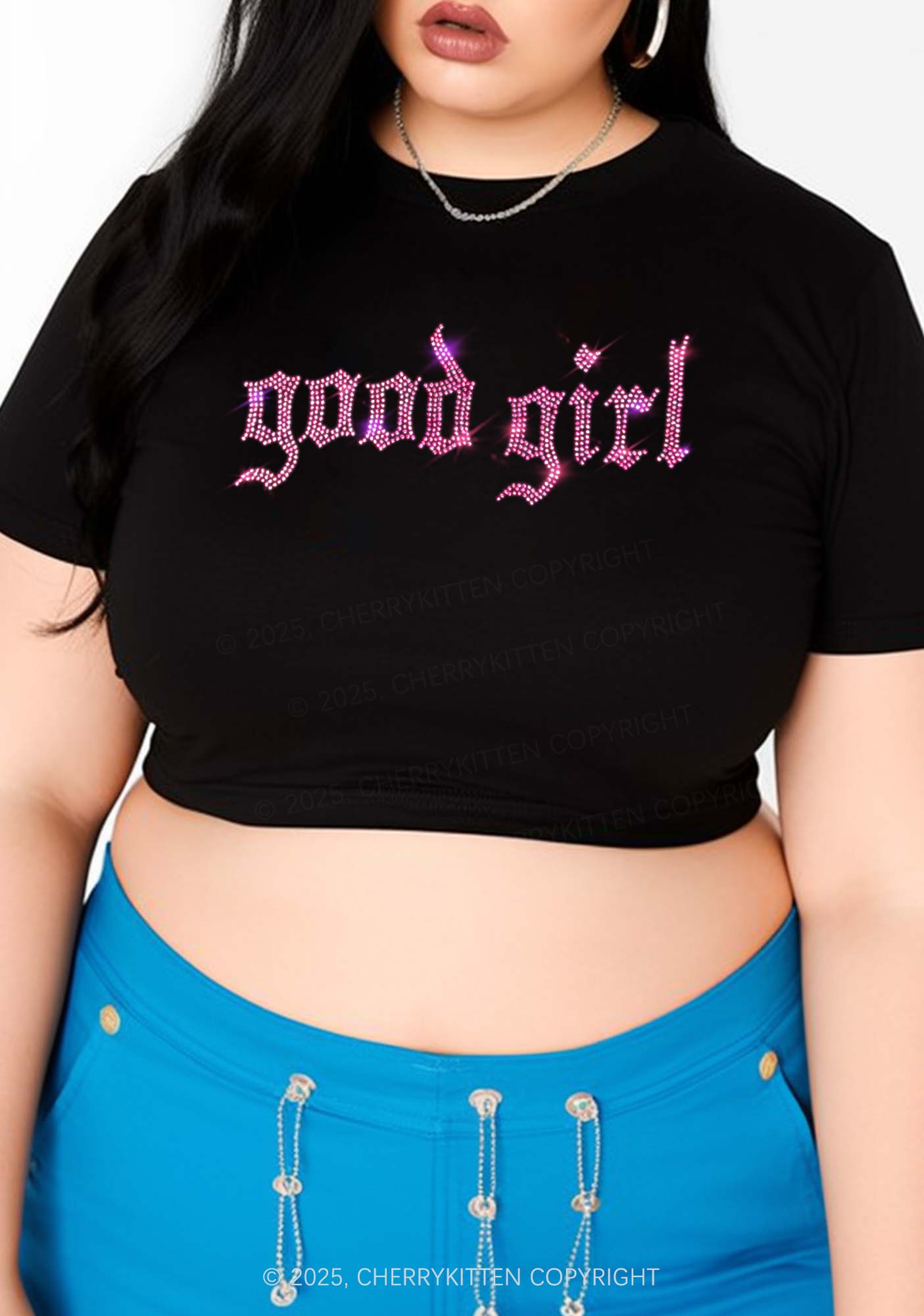 Curvy Rhinestone Good Girl Y2K Baby Tee Cherrykitten