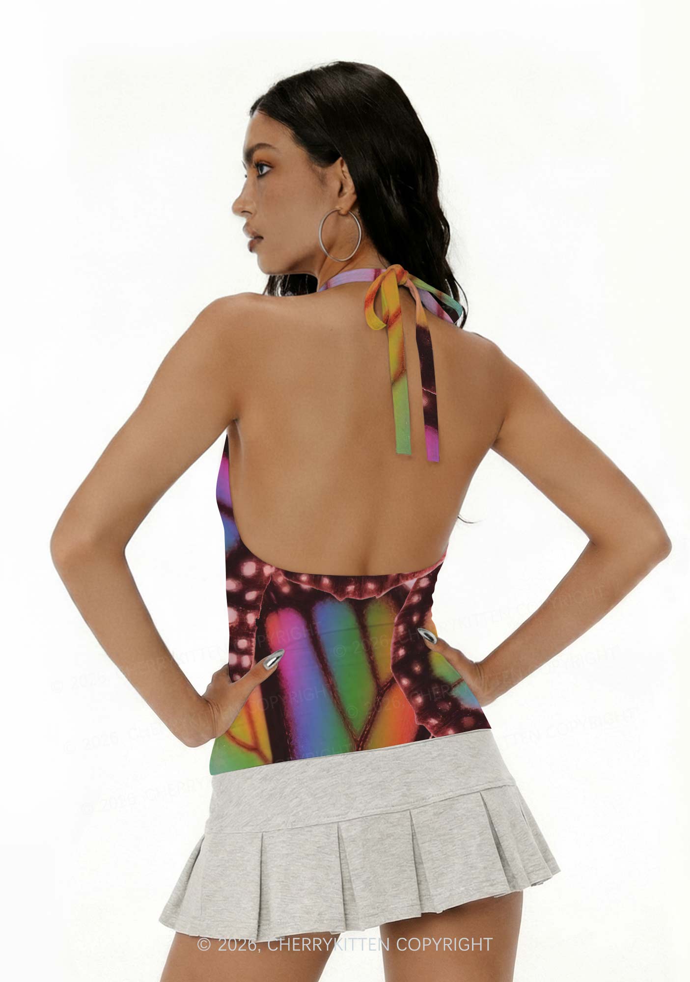 Rainbow Butterfly Wing Pride Y2K Print Halter Deep V Neck Cami Cherrykitten