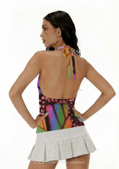 Rainbow Butterfly Wing Pride Y2K Print Halter Deep V Neck Cami Cherrykitten