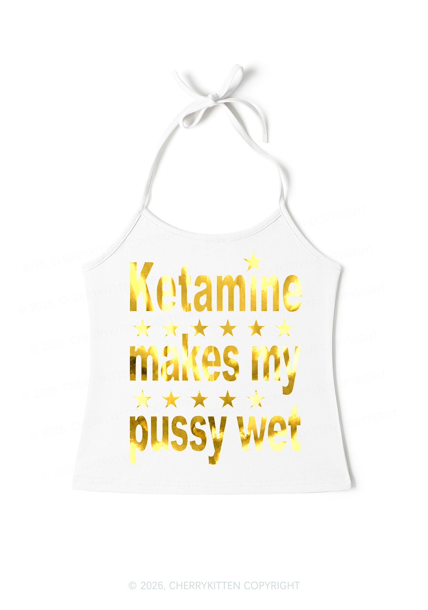 K Makes My Puxxy Wet Silver Foil Printed Y2K Halter Neck Cami Cherrykitten