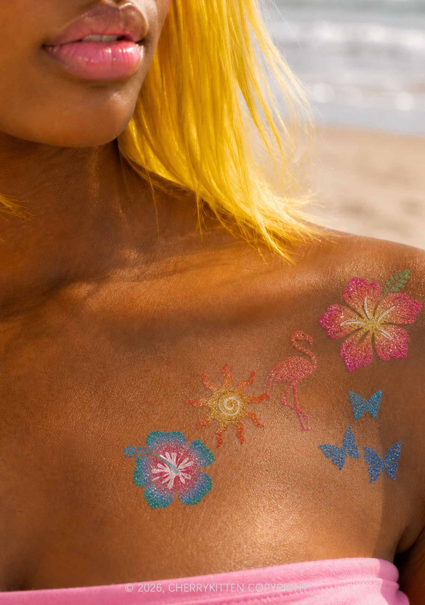 30pcs Hawaiian Hibiscus Flower Marine Animal Y2K Temporary Tattoo Cherrykitten