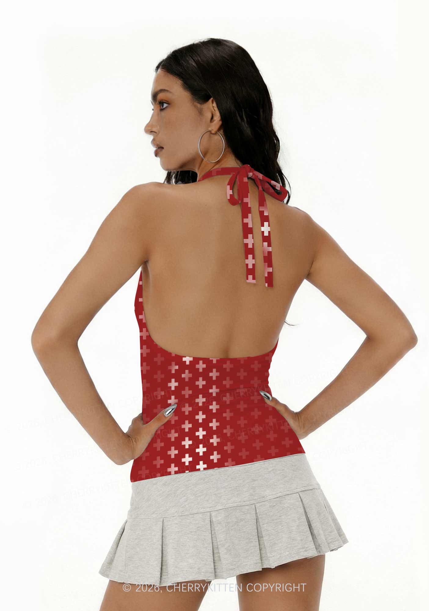 Red White Gradient Cross Y2K Print Halter Deep V Neck Cami Cherrykitten