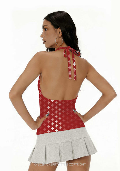 Red White Gradient Cross Y2K Print Halter Deep V Neck Cami Cherrykitten