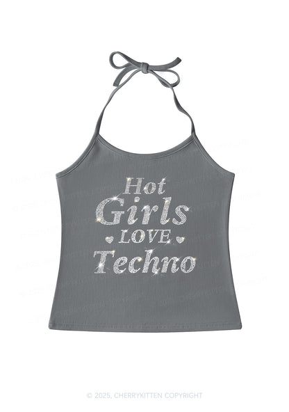 Rhinestone Hot Girls Love Techno Y2K Halter Neck Cami Cherrykitten