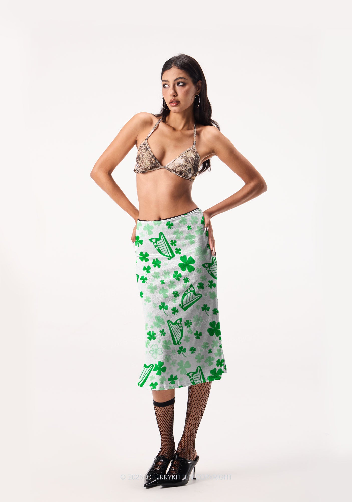 Clover Harp St Patricks Y2K Print Midi Skirt Cherrykitten