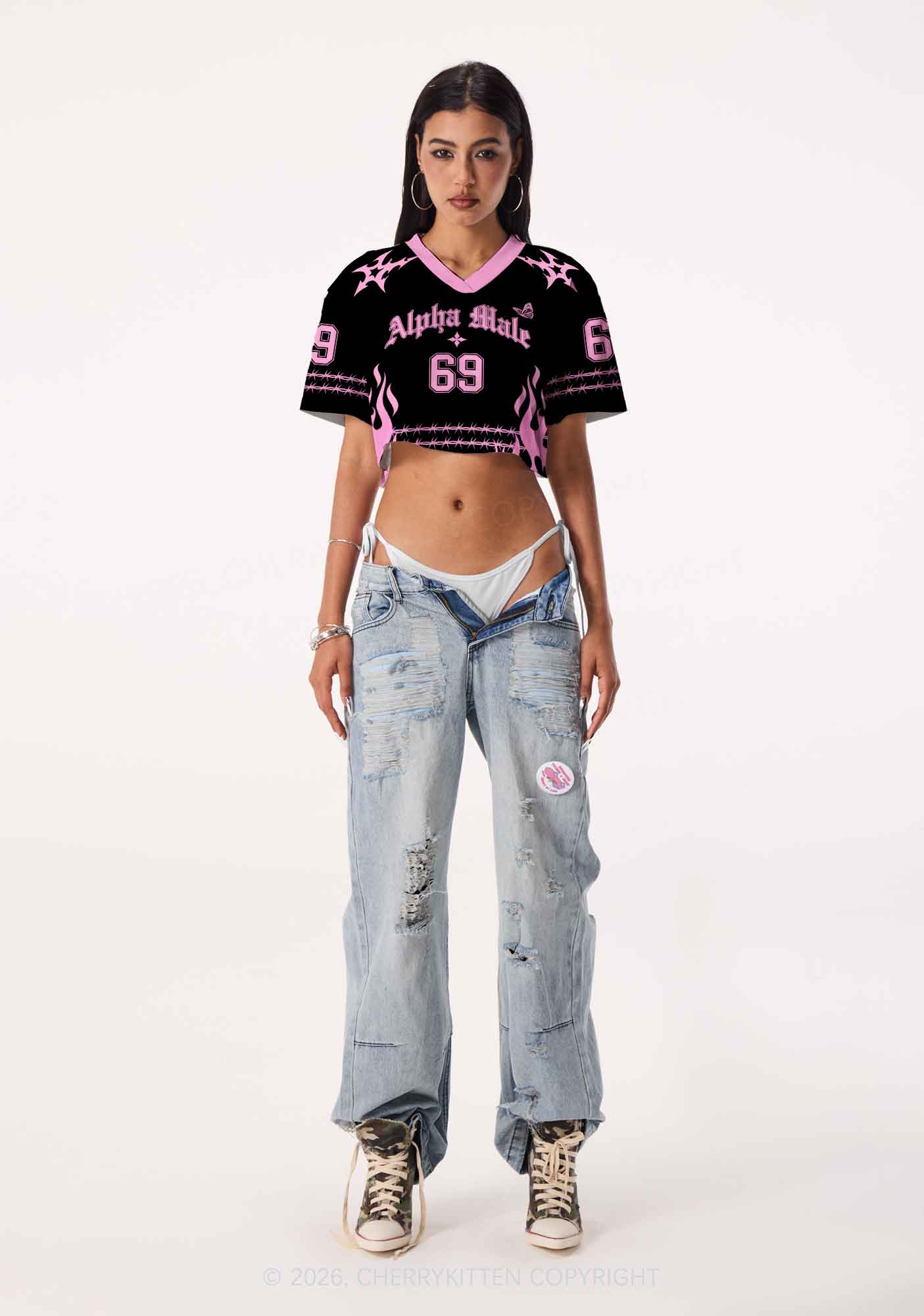 Pink Alpha Male Butterfly Pride Y2K Crop Sport Jersey Shirts Cherrykitten
