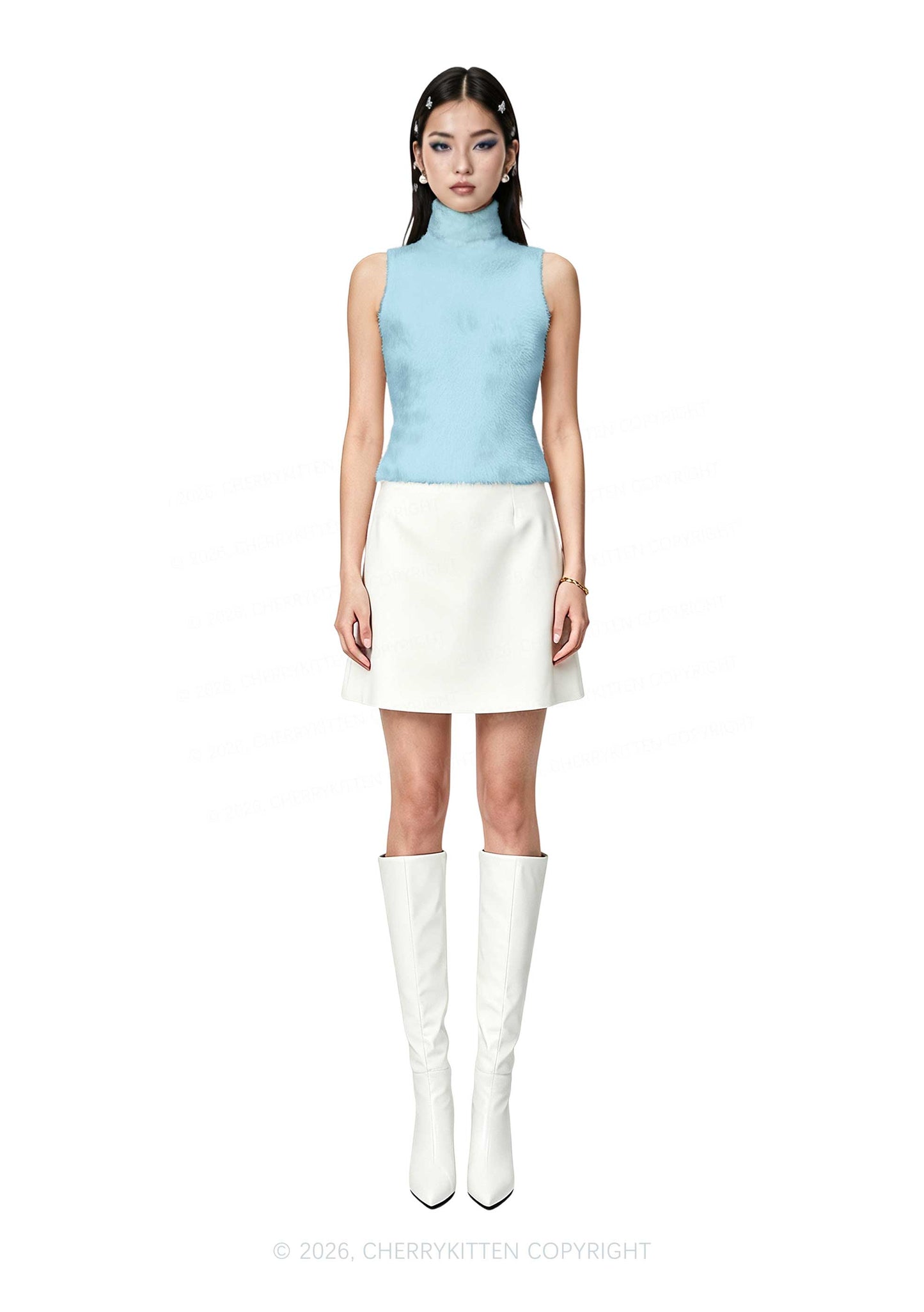 Plain Light Blue Y2K Knit Turtleneck Tank Top Cherrykitten