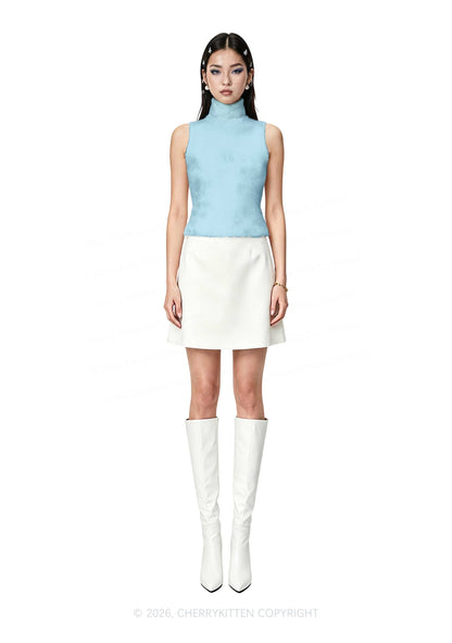 Plain Light Blue Y2K Knit Turtleneck Tank Top Cherrykitten