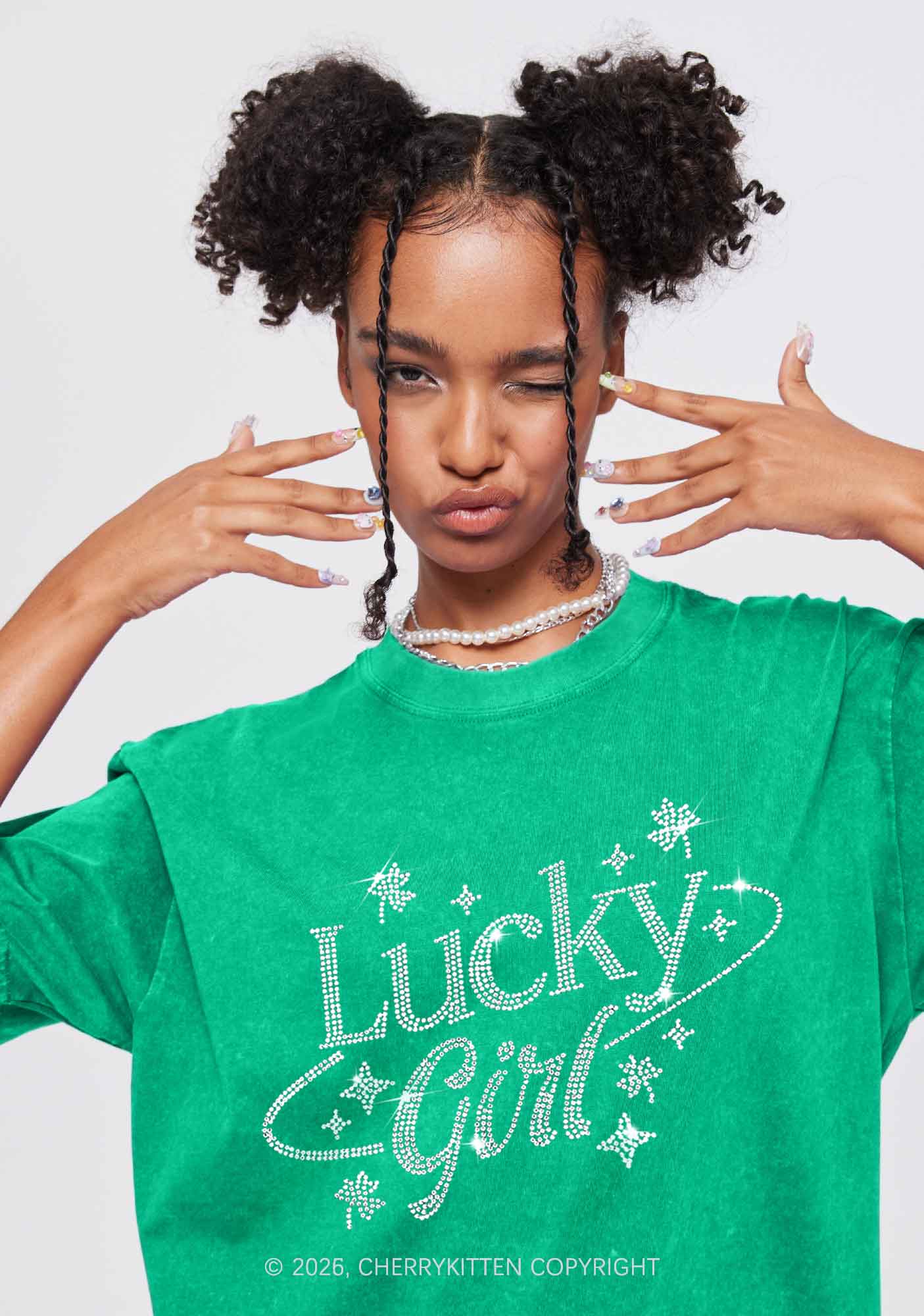 Rhinestone Lucky Girl St Patricks Y2K Shirts Washed Tee Cherrykitten