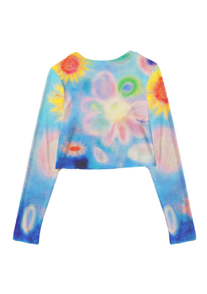 Flower Art Y2K Mesh Long Sleeve Crop Top Cherrykitten