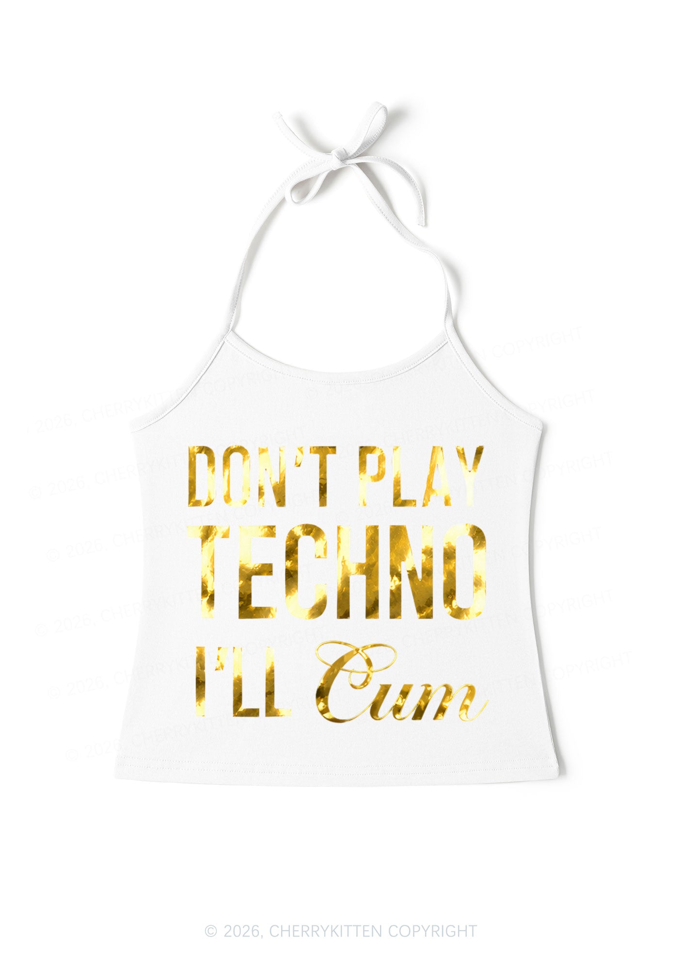 Dont Play Techno Silver Foil Printed Y2K Halter Neck Cami Cherrykitten
