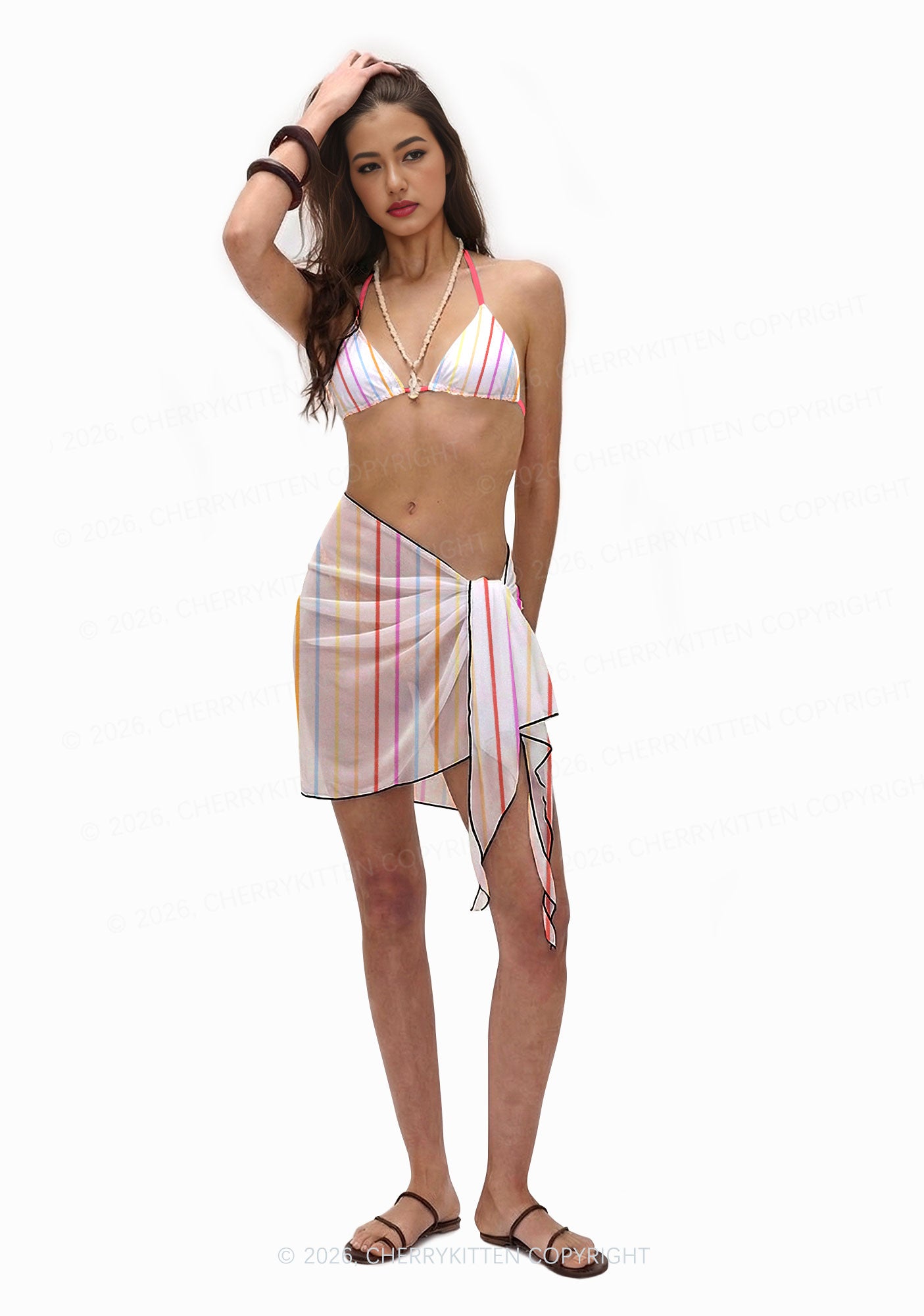 Rainbow Stripe On White Y2K Print Bikini Set Cherrykitten