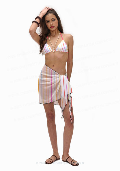 Rainbow Stripe On White Y2K Print Bikini Set Cherrykitten