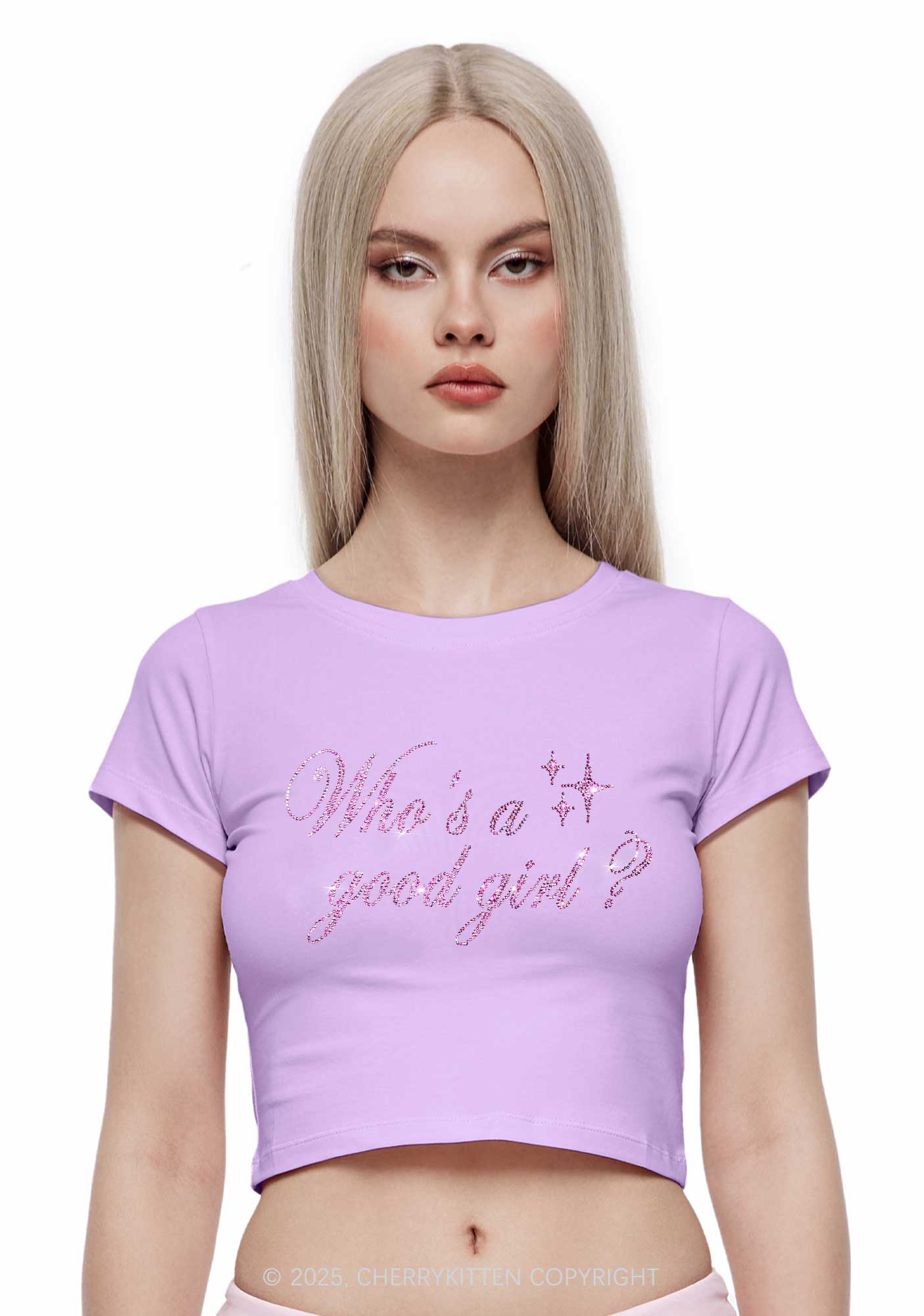 Rhinestone Whos A Good Girl Y2K Baby Tee Cherrykitten