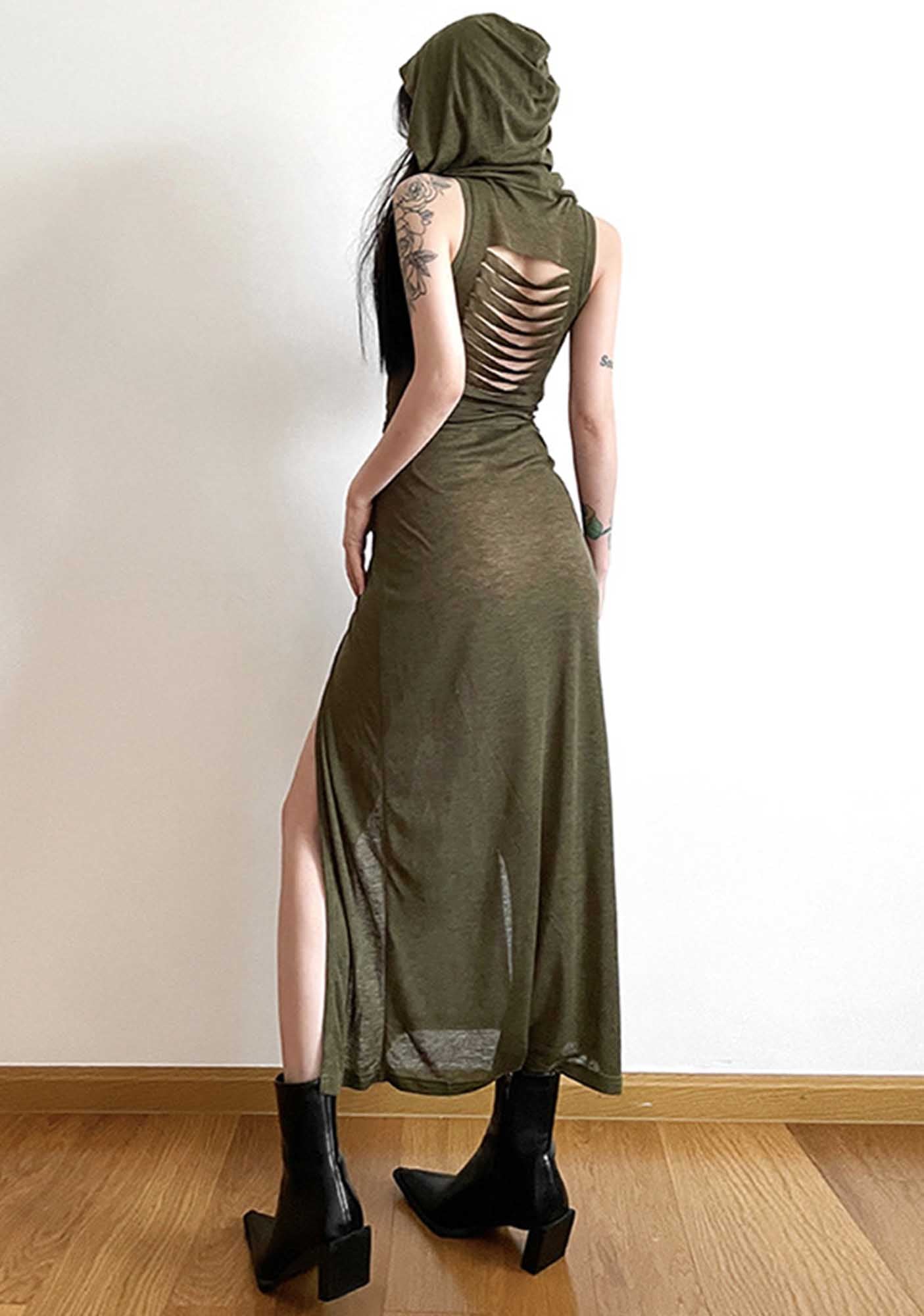 Y2K Split Side Solid Hooded Dress Cherrykitten