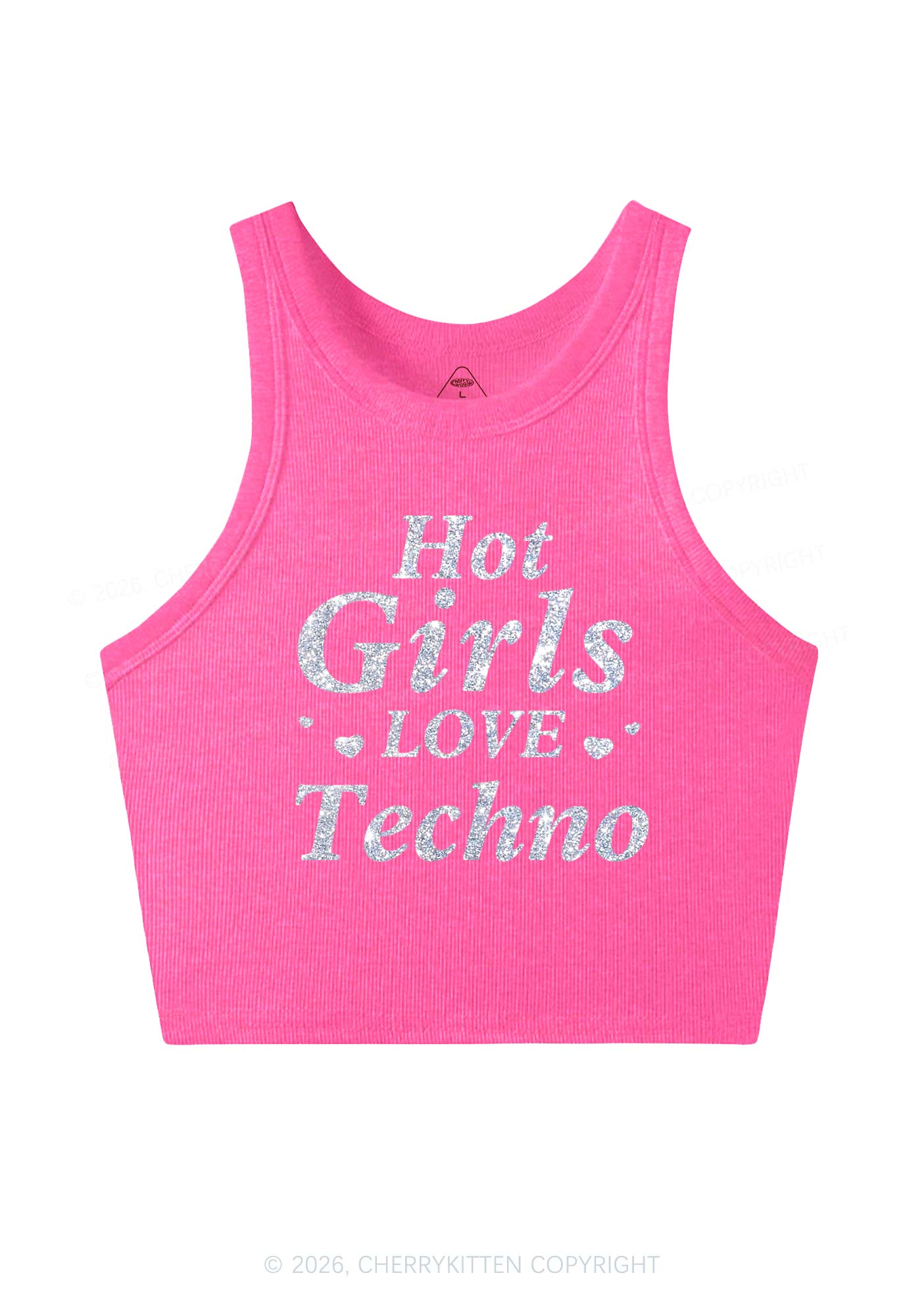 Glitter Hot Girls Love Techno Y2K Crop Tank Top Cherrykitten
