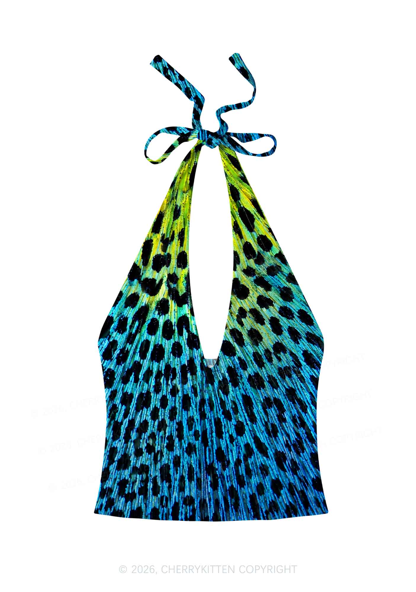 Peacock Feather Texture Y2K Print Halter Deep V Neck Cami Cherrykitten