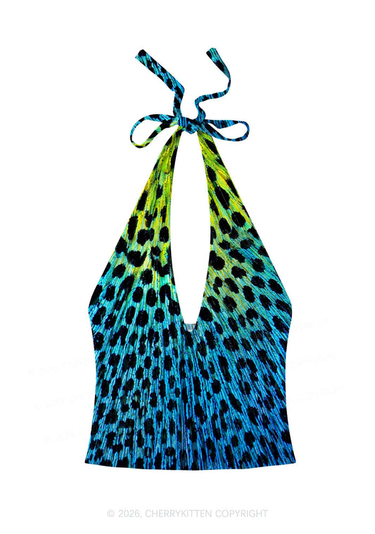Peacock Feather Texture Y2K Print Halter Deep V Neck Cami Cherrykitten