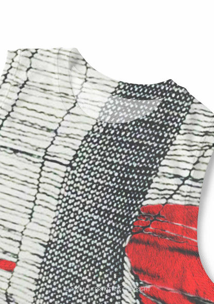 Tiger Striped Red Block Y2K Mesh Muscle Tank Cherrykitten
