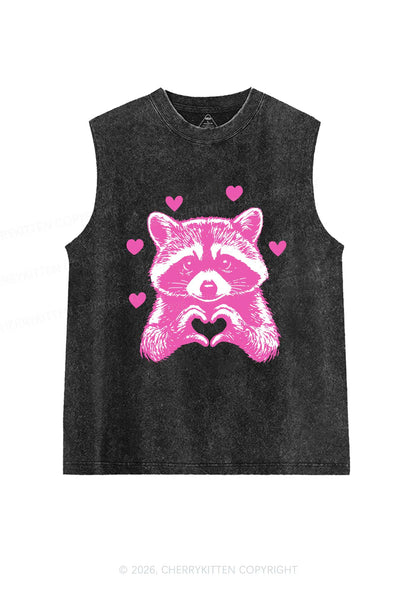 Pink Raccoon Heart Valentine's Day Y2K Washed Muscle Tank Cherrykitten