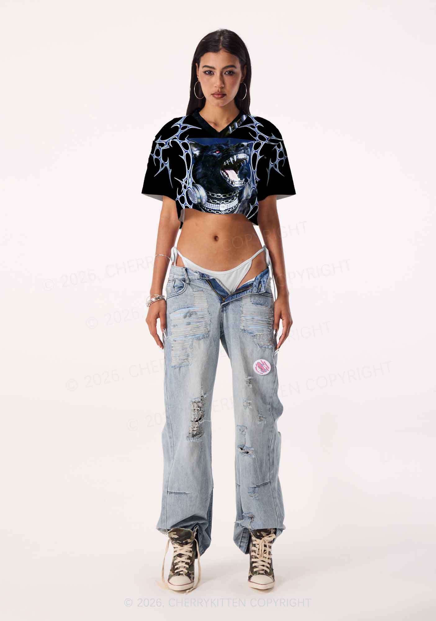 Black Wolf DJ Y2K Crop Sport Jersey Shirts Cherrykitten