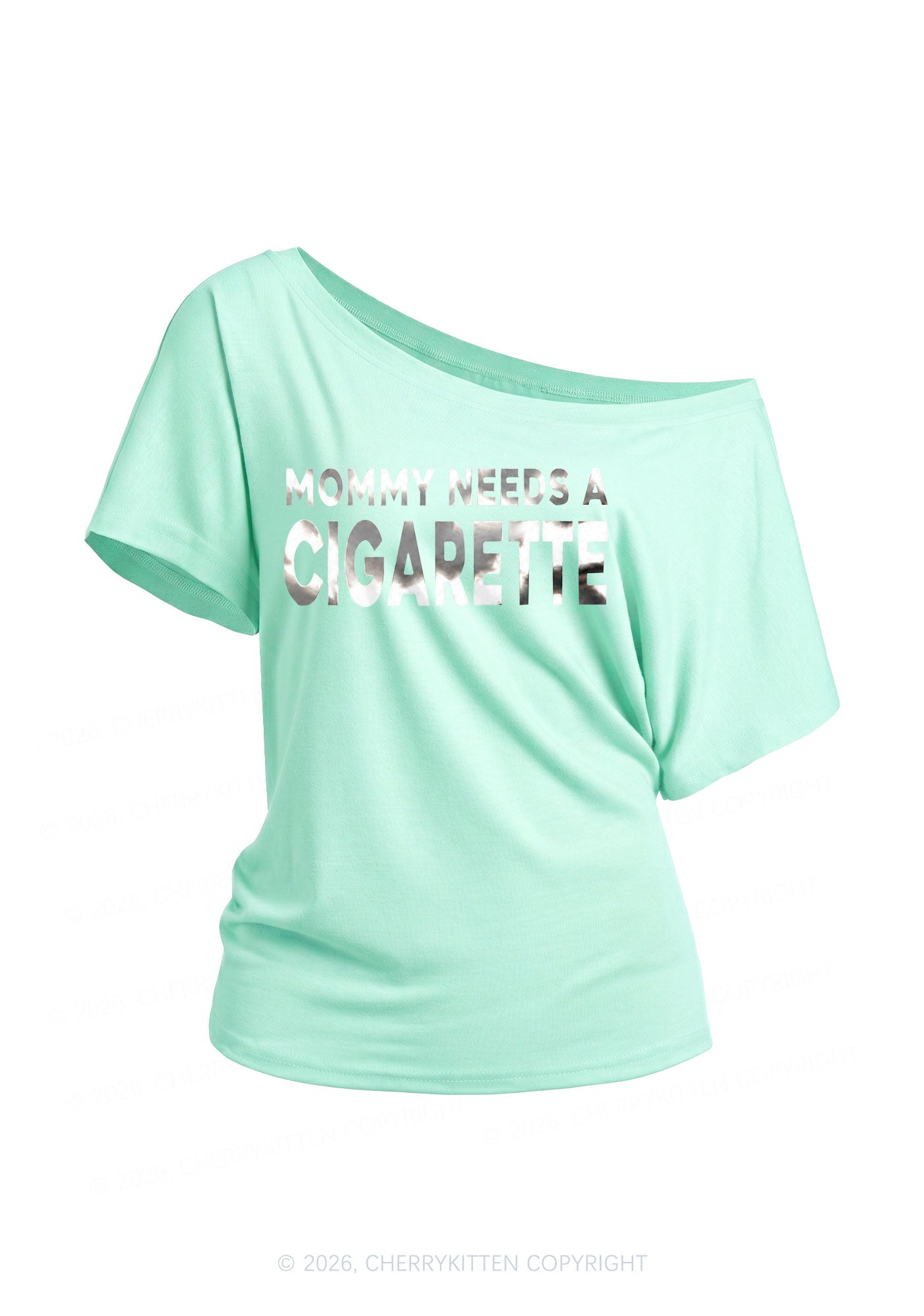Mommy Needs A Cigarette Silver Foil Printed Y2K Off Shoulder Tee Cherrykitten