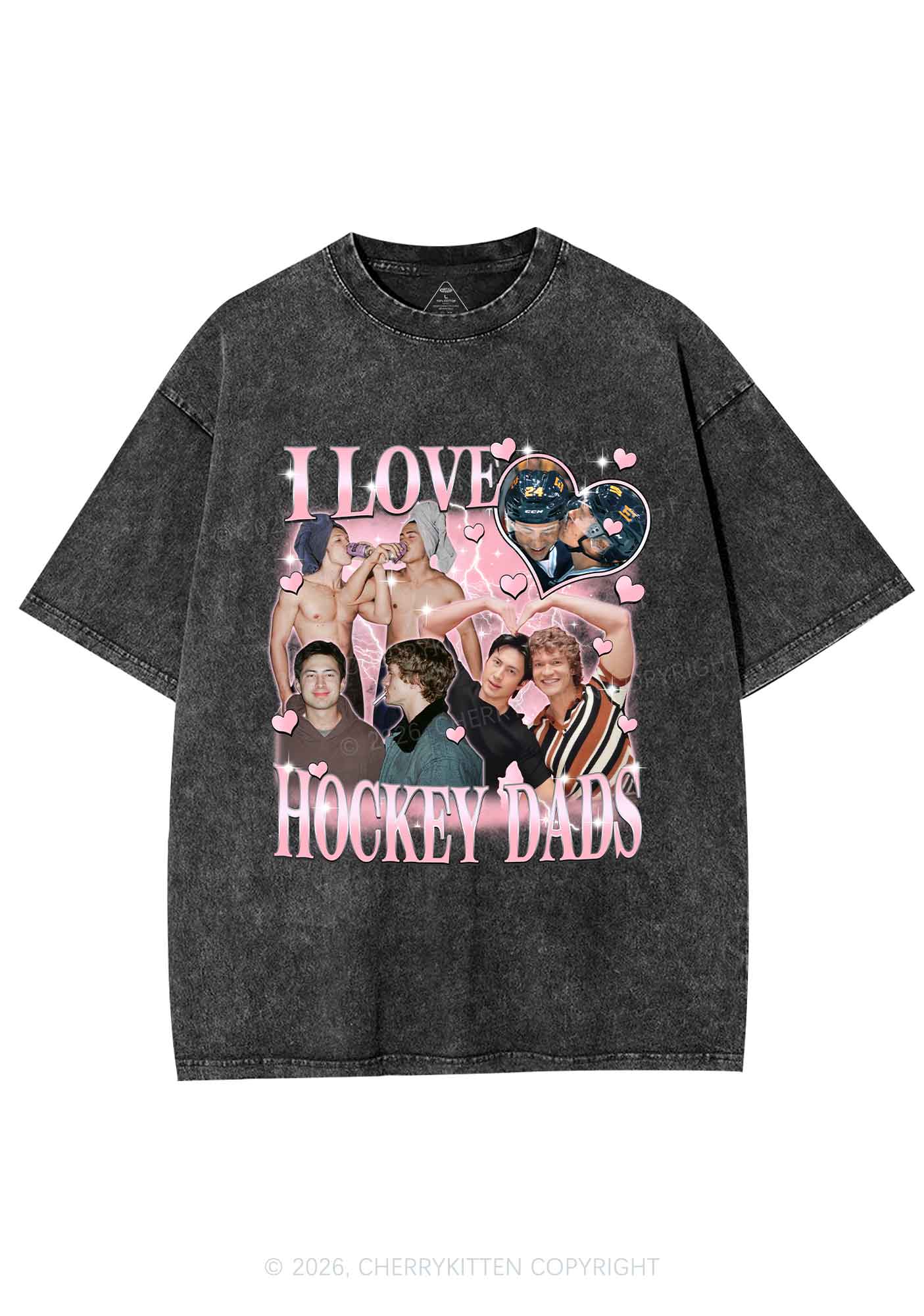 Pink Heart I Love Hockey Dads HR Y2K Shirts Washed Tee Cherrykitten