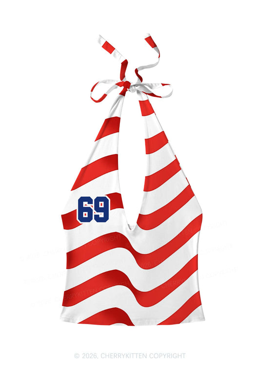 Red White Wavy Stripe Y2K Print Halter Deep V Neck Cami Cherrykitten