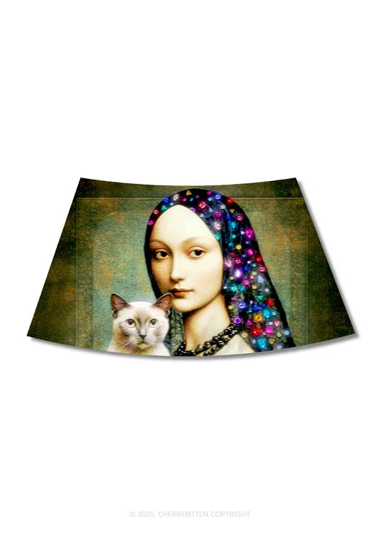 Renaissance Lady With Cat Y2K Print Mini Skirt Cherrykitten