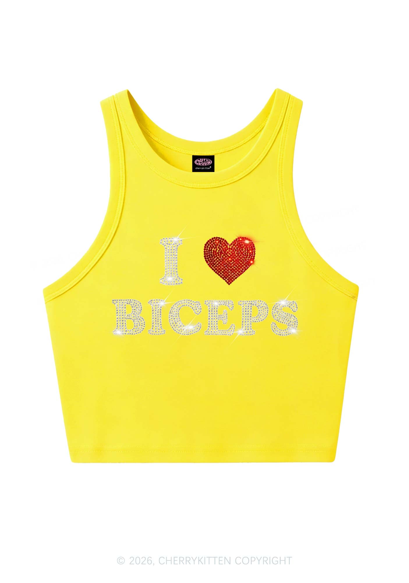 Rhinestone I Love Biceps Y2K Crop Tank Top Cherrykitten
