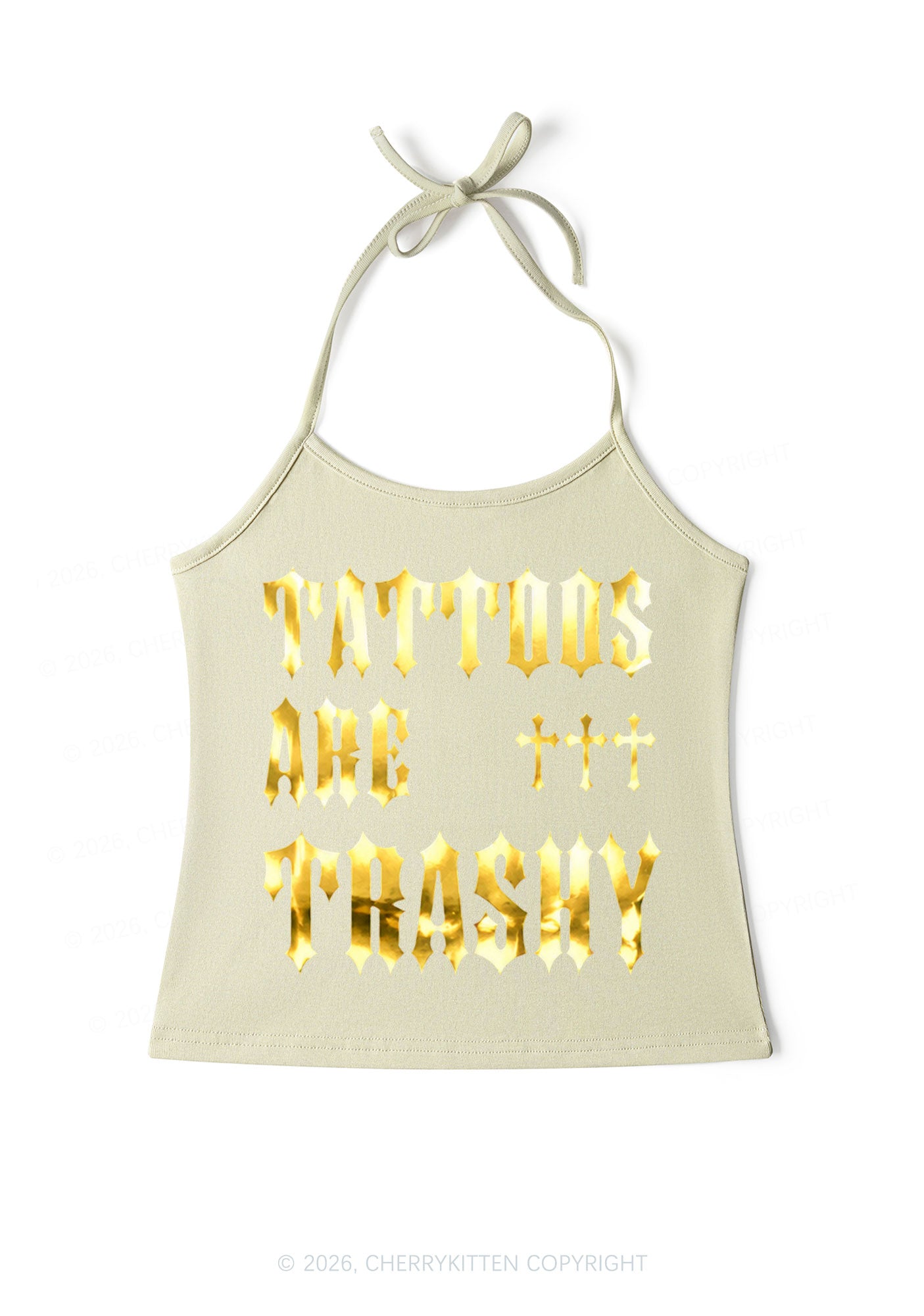 Tattoos Are Trashy Silver Foil Printed Y2K Halter Neck Cami Cherrykitten