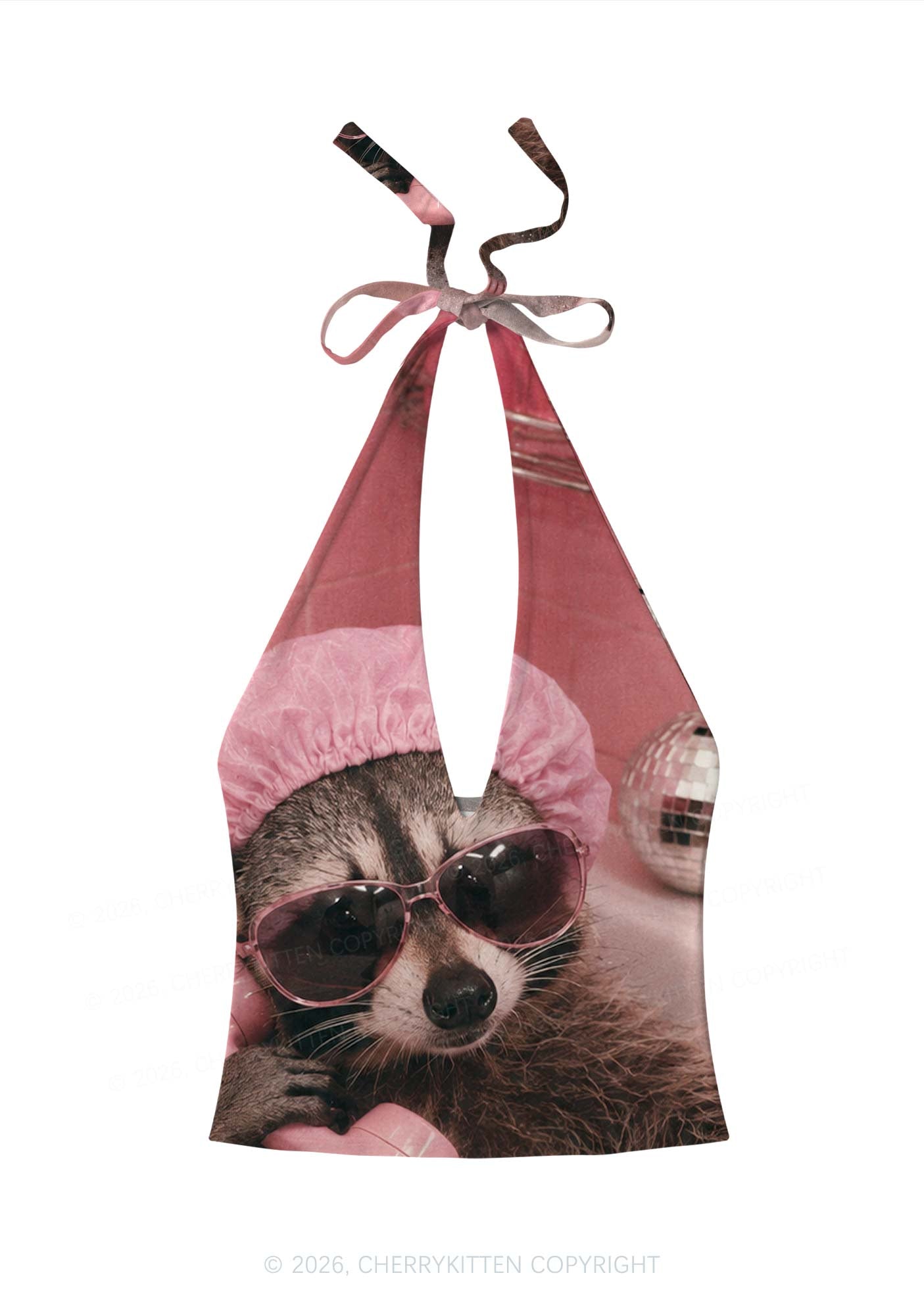 Pink Spa Raccoon Y2K Print Halter Deep V Neck Cami Cherrykitten