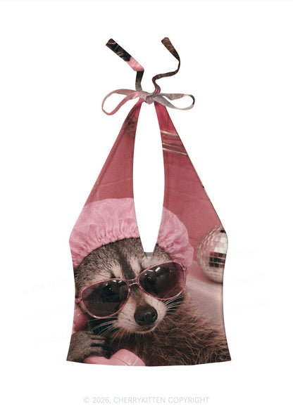 Pink Spa Raccoon Y2K Print Halter Deep V Neck Cami Cherrykitten
