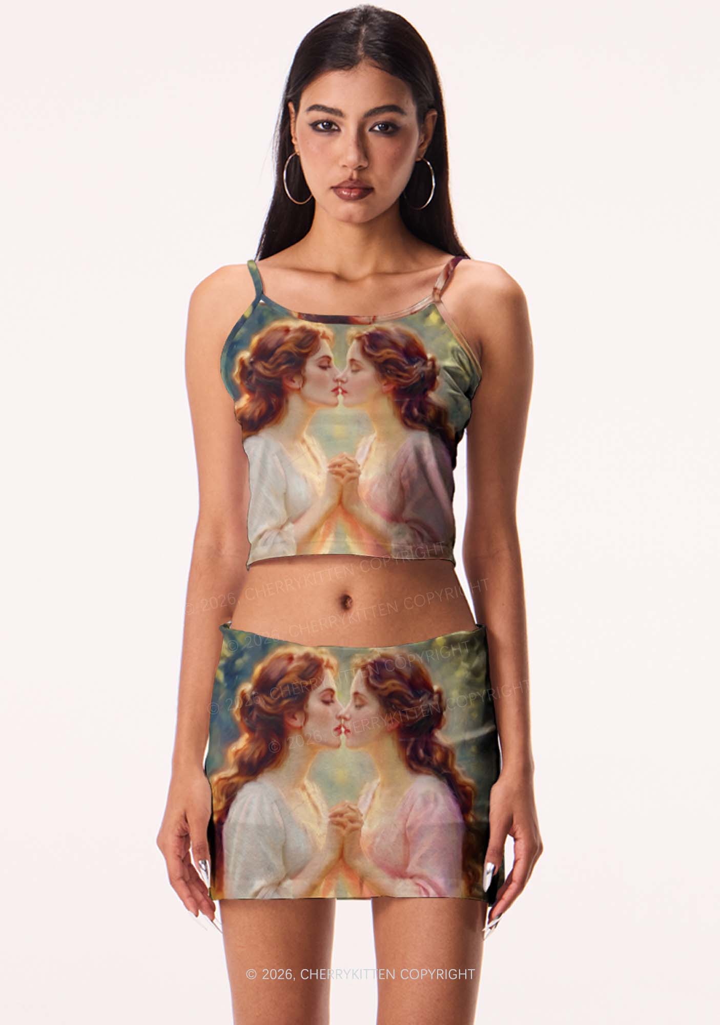 Girls Holding Hands Kissing Pride Y2K Print Cami Crop Top Cherrykitten