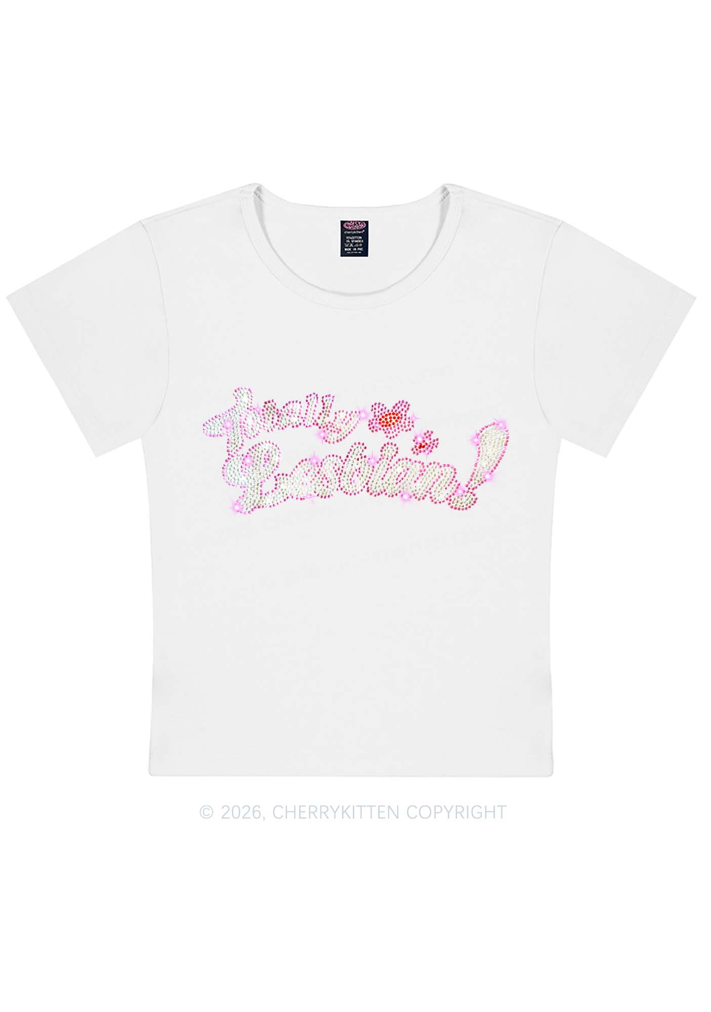 Rhinestone Totally Lesbian Pride Y2K Baby Tee Cherrykitten