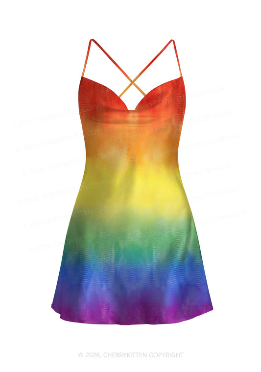 Rainbow Flag Pride Y2K Print Satin Cowl Neck Slip Dress Cherrykitten