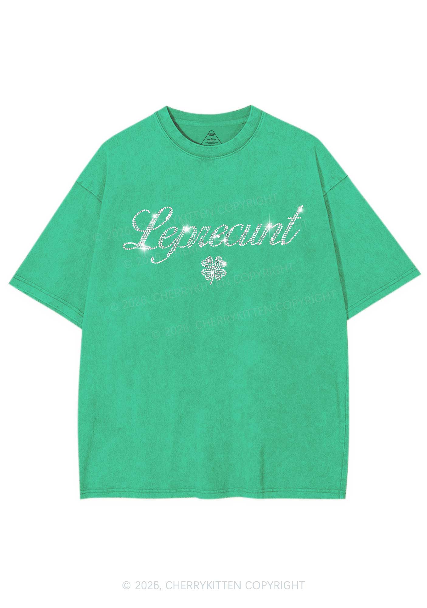 Rhinestone Leprecunt St Patricks Y2K Shirts Washed Tee Cherrykitten