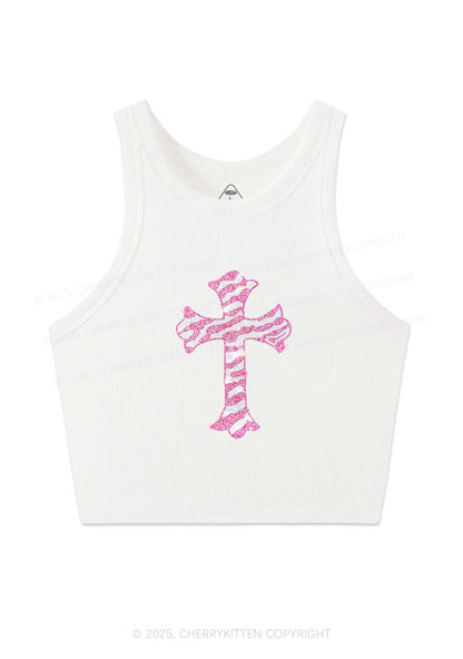 Rhinestone Pink Cross Y2K Crop Tank Top Cherrykitten
