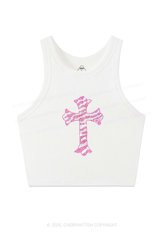 Rhinestone Pink Cross Y2K Crop Tank Top Cherrykitten