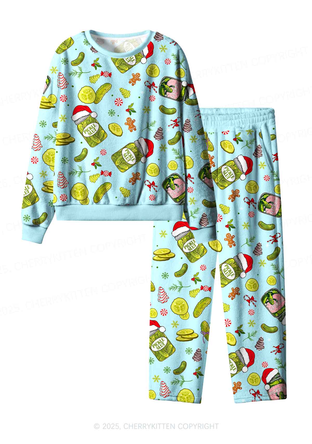 Christmas Green Santa Pickle Y2K Fleece Long Sleeve Pajama Set Cherrykitten